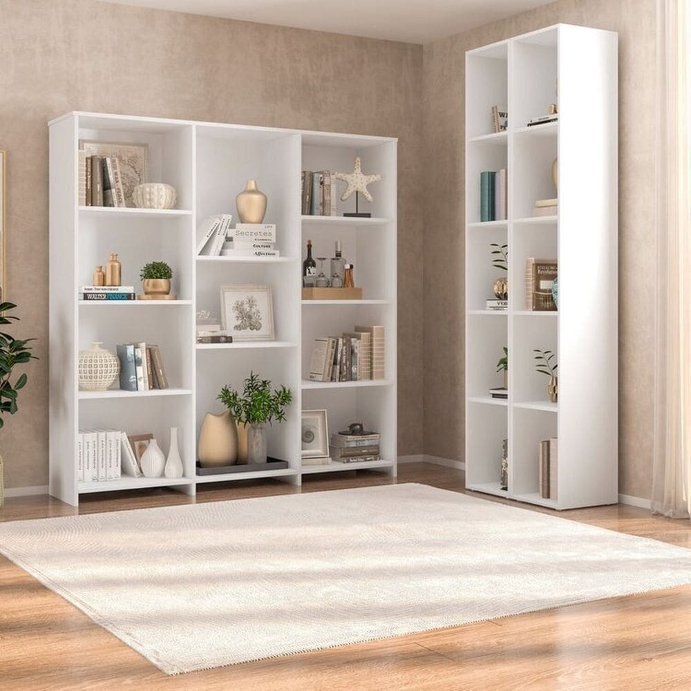 Kit com 1 Estante Livreiro 11 Nichos Odelia e 2 Estantes Modulares 5 Nichos Liverpool Branco