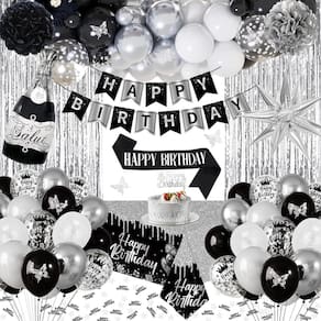 Decorações de aniversário WEQTWL Black Silver Feliz Aniversário