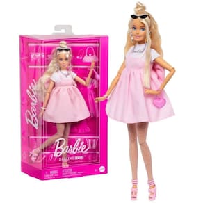 Barbie Deluxe Loira Com Vestido Acessórios Laço Rosa Hyv27