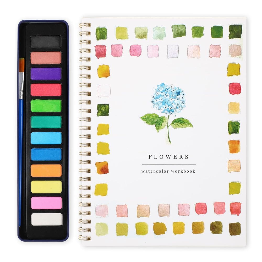 Cadernos de trabalho em aquarela, flores com conjunto de pintura de 12 cores