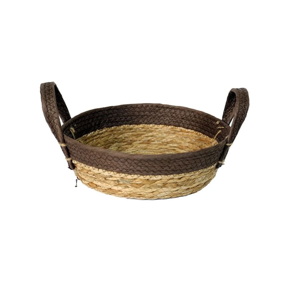 Cesto Redondo Fibra Natural Palha e Marrom Com Alça 30cm - Paramount