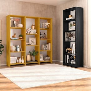 Conjunto com 1 Estante Livreiro 11 Nichos Odelia e 1 Estante Multiuso 5 Nichos Montreal Freijó/Preto