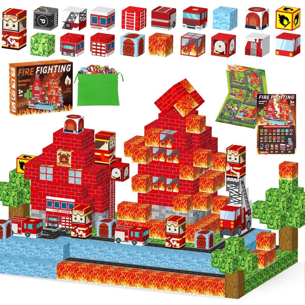 Blocos de construção magnéticos DREACAREFT 118PCS Fire Station 3D