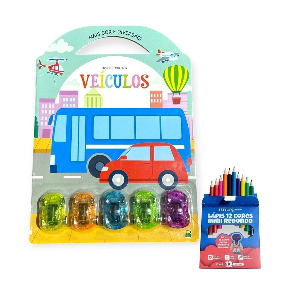 Livro De Colorir Veículos Mais Cor E Diversão+5 Mini Carros