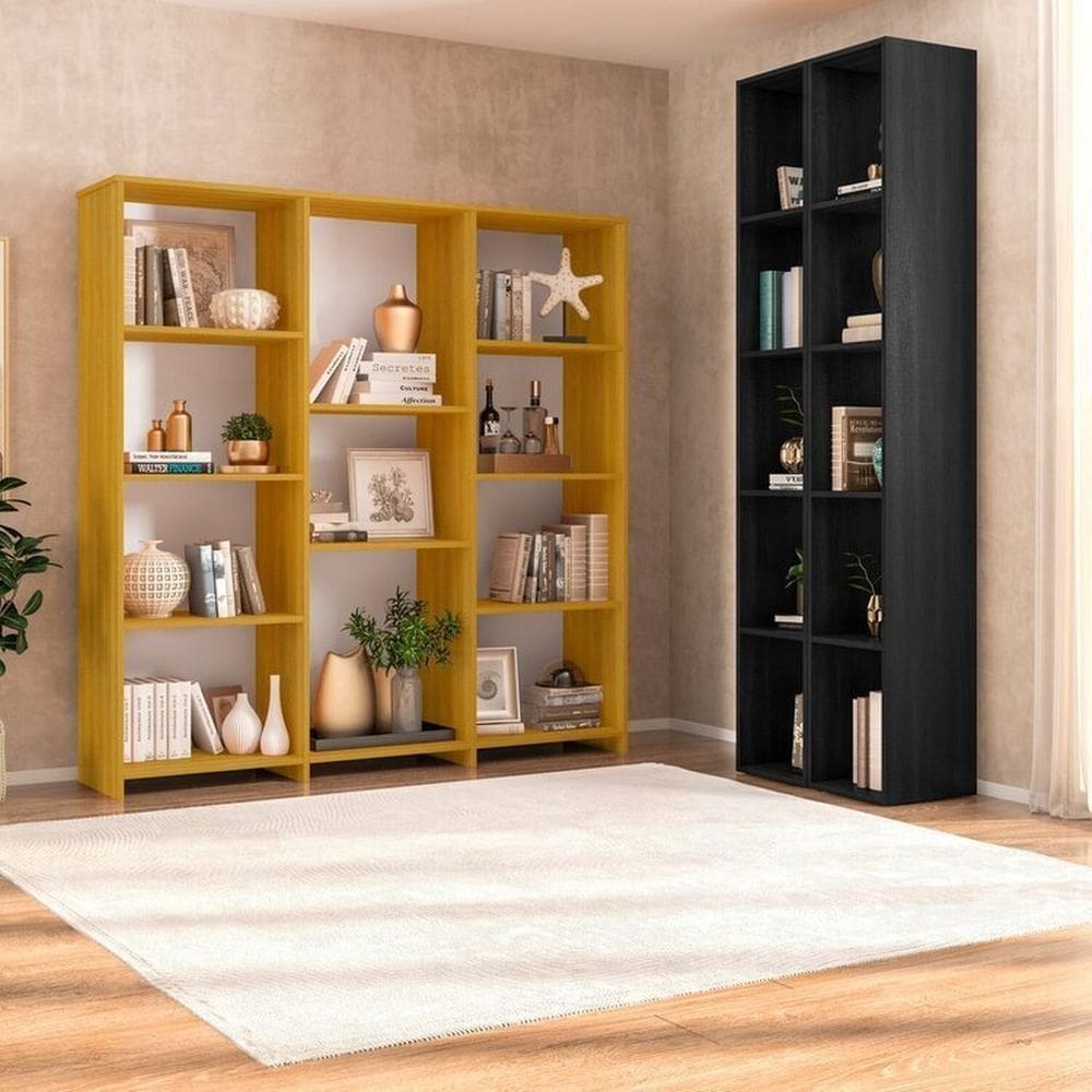 Kit com 1 Estante Livreiro 11 Nichos Odelia e 2 Estantes Modulares 5 Nichos Liverpool Freijó/Preto