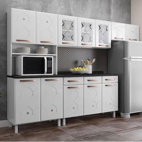 Cozinha Completa Modulada De Aço 4 Peças Com Vidros E Balcão Multimóveis Cr20353 Branco