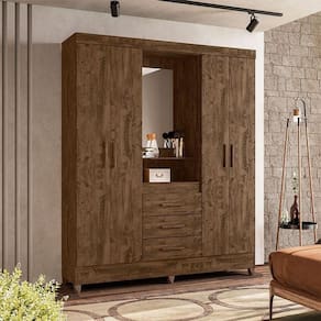 Guarda Roupa Casal Capelinha Ambiente Capri 4 Portas Castanho Wood Com Espelho - Moval