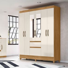 Guarda Roupa Casal Ambiente New Cuba 6 Portas Freijó Off White Com Espelho - Moval