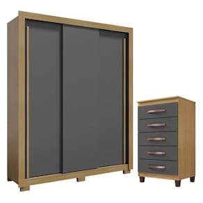 Guarda Roupa Solteiro Nevoa Flex 3 Portas De Correr E Cômoda Cannes 5 Gavetas Carvalho Americano Grafite - Incorplac