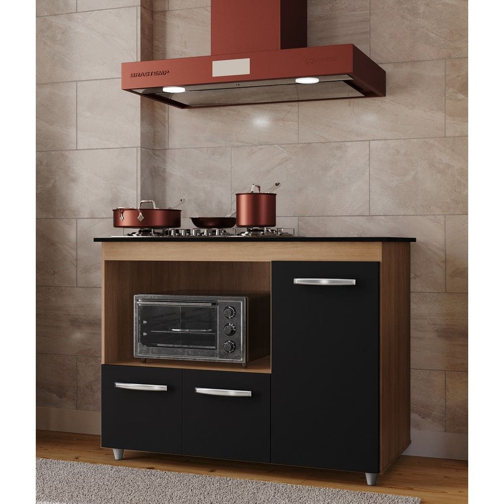 Balcão Cooktop Ana 114m com Nicho Para Forno e 3 Portas - Savana/Preto Móblis