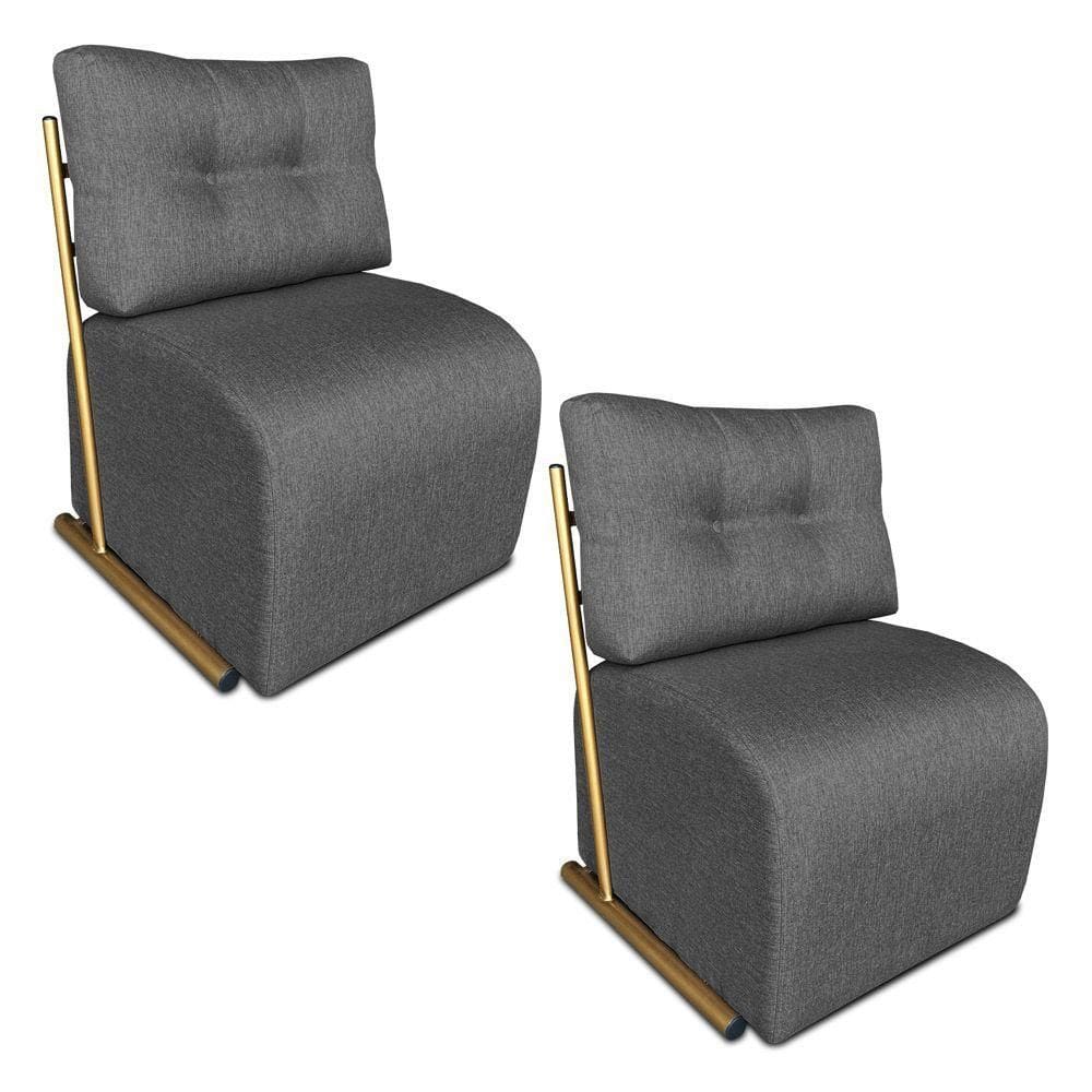 Kit 2 Poltronas Luxo Aurora Linho Grafite Base De Ferro Dourado - Pallazio