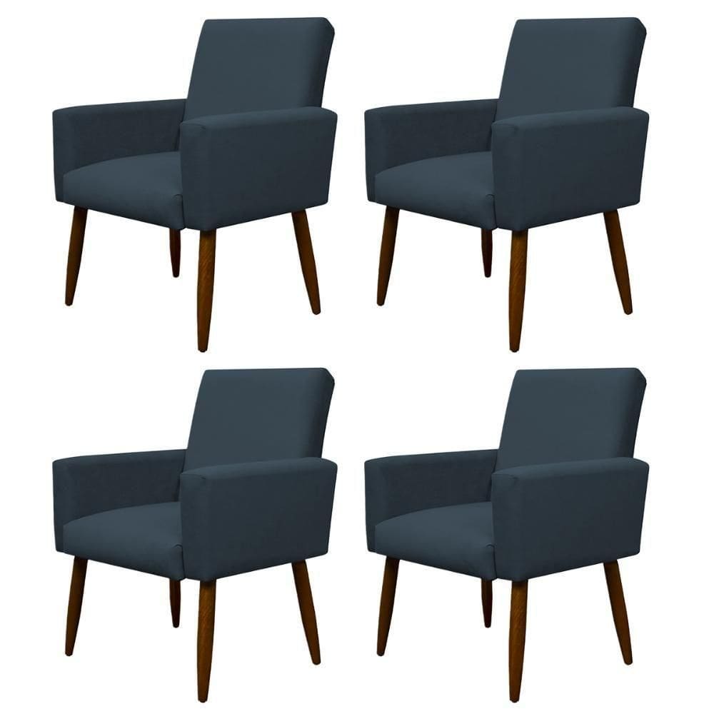 Kit 4 Poltronas Para Sala Pés De Madeira Nina Azul Marinho