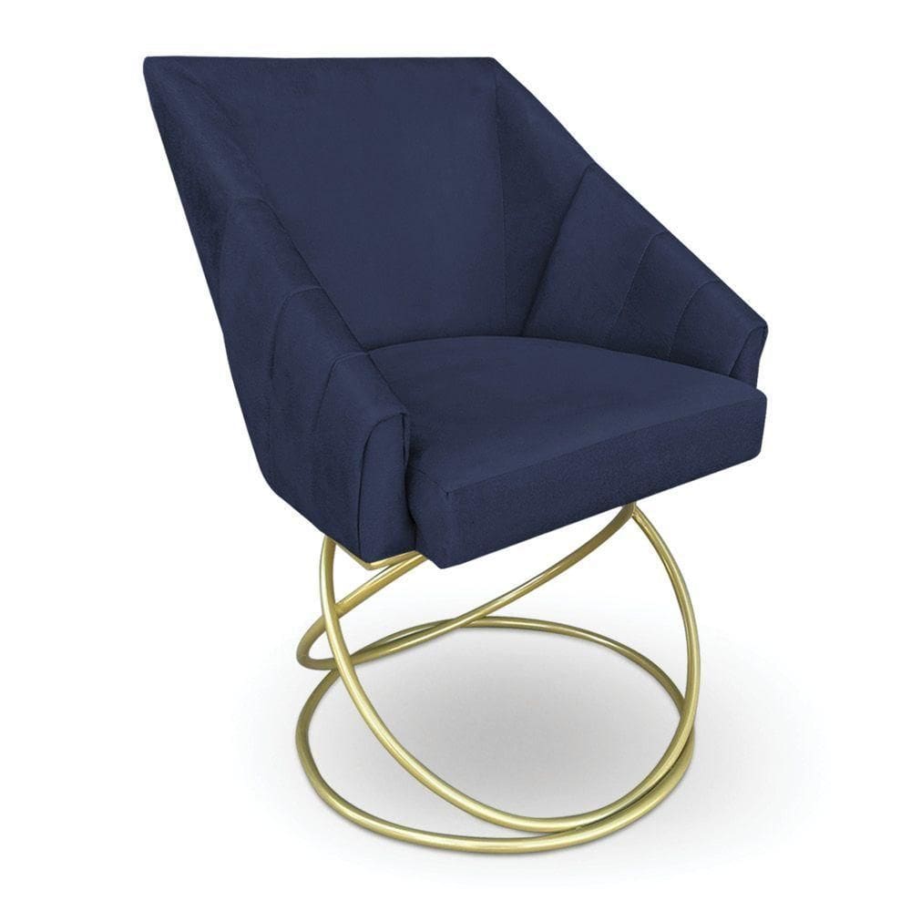 Poltrona Luxo Alana Suede Azul Marinho Base De Ferro Dourado - Pallazio