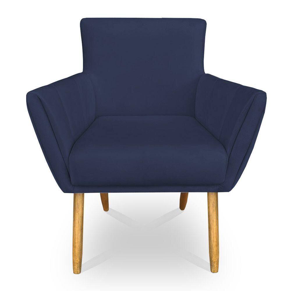 Poltrona Decorativa Leticia Suede Azul Marinho Pés Palito Castanho - Pallazio