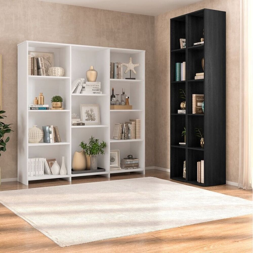 Kit com 1 Estante Livreiro 11 Nichos Odelia e 2 Estantes Modulares 5 Nichos Liverpool Branco/Preto