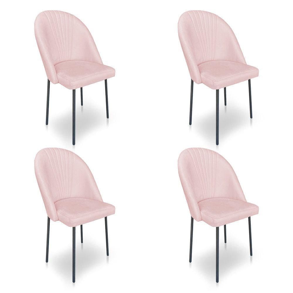 Kit 4 Cadeiras Poltrona De Jantar Ariel Suede Rosa Bebê Pés De Ferro Preto - Pallazio