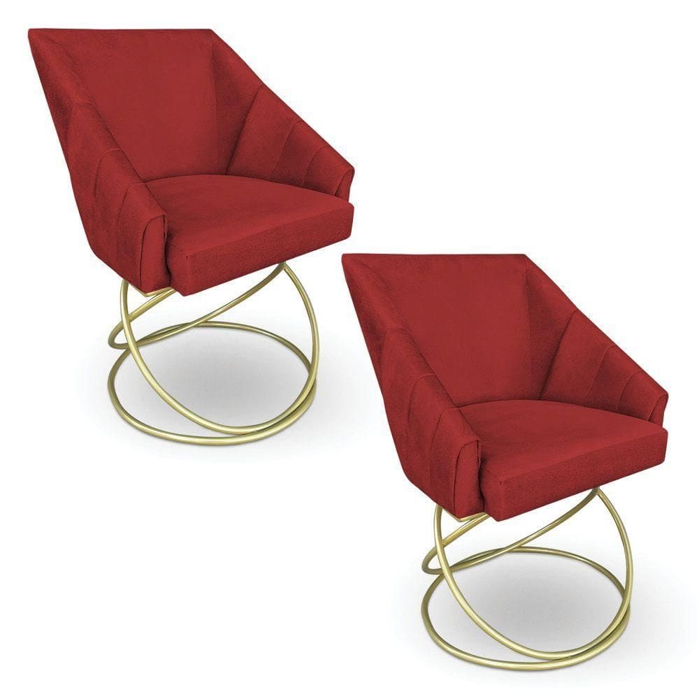 Kit 2 Poltronas Luxo Alana Suede Vermelho Base De Ferro Dourado - Pallazio