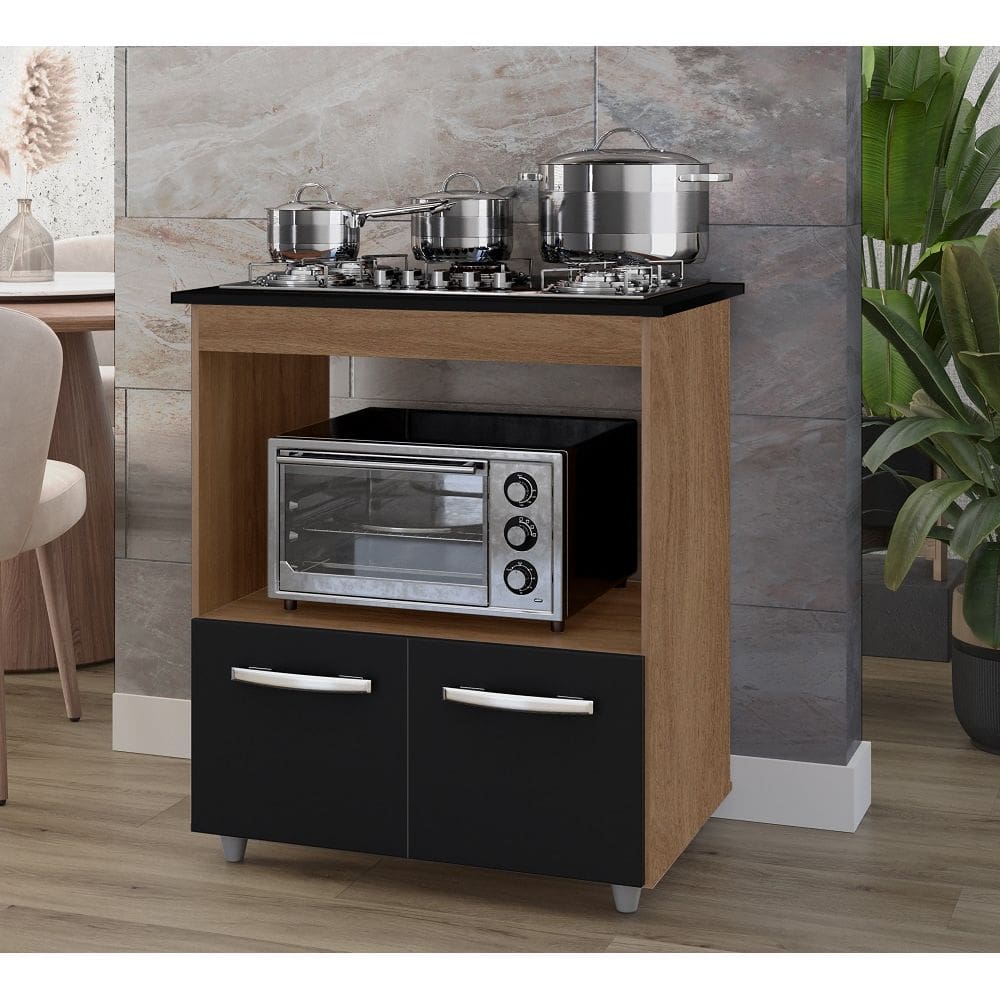Balcão Elisa para Cooktop com Nicho para Forno/Microondas - Savana/Preto Móblis