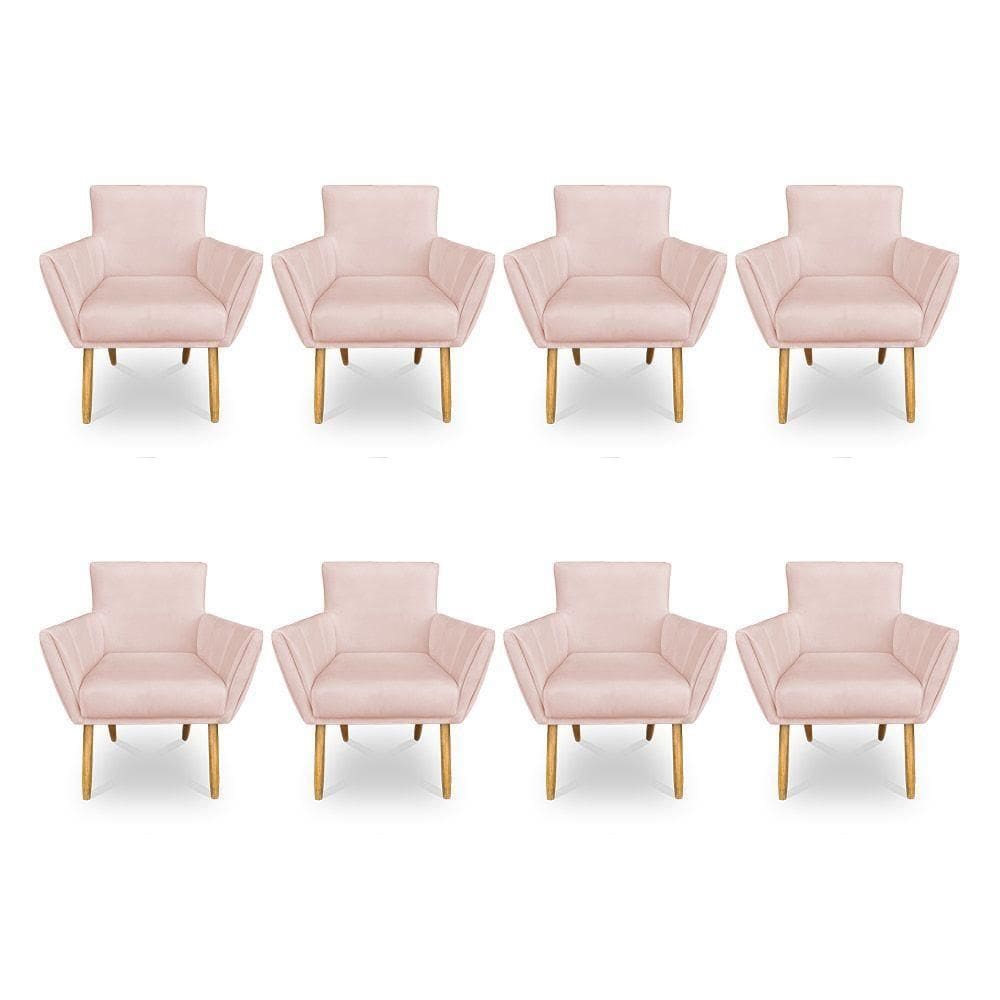 Kit 8 Poltronas Decorativa Leticia Suede Rosa Bebê Pés Palito Castanho - Pallazio