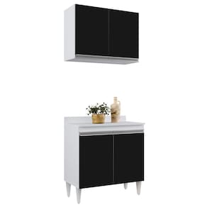 Armário Aéreo Califórnia E Balcão Hawai Com Tampo 80cm Branco-preto - Lumil