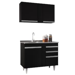 Armário Aéreo Indiana E Balcão Gabinete 100cm Com Pia Inox Luziania Preto - Lumil
