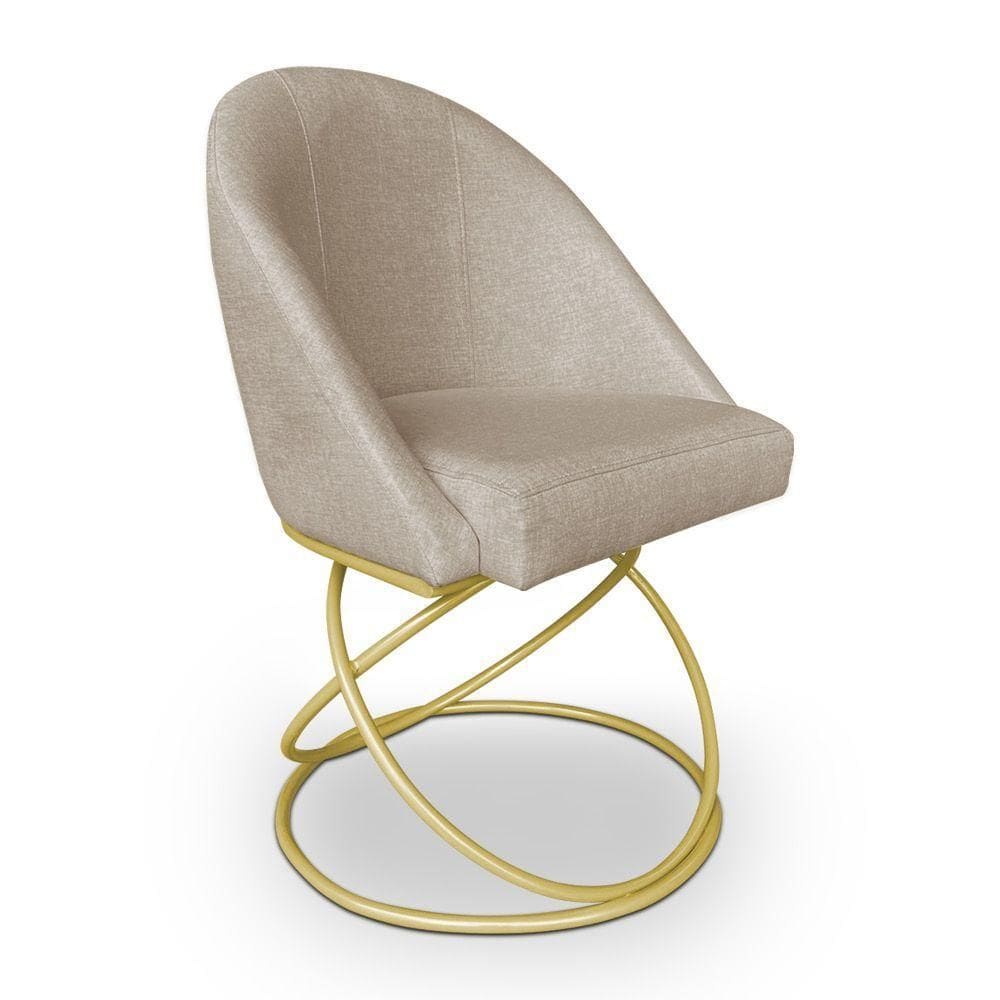 Cadeira Poltrona De Jantar Bela Linho Bege Base Metálica Luxo Dourado - Pallazio
