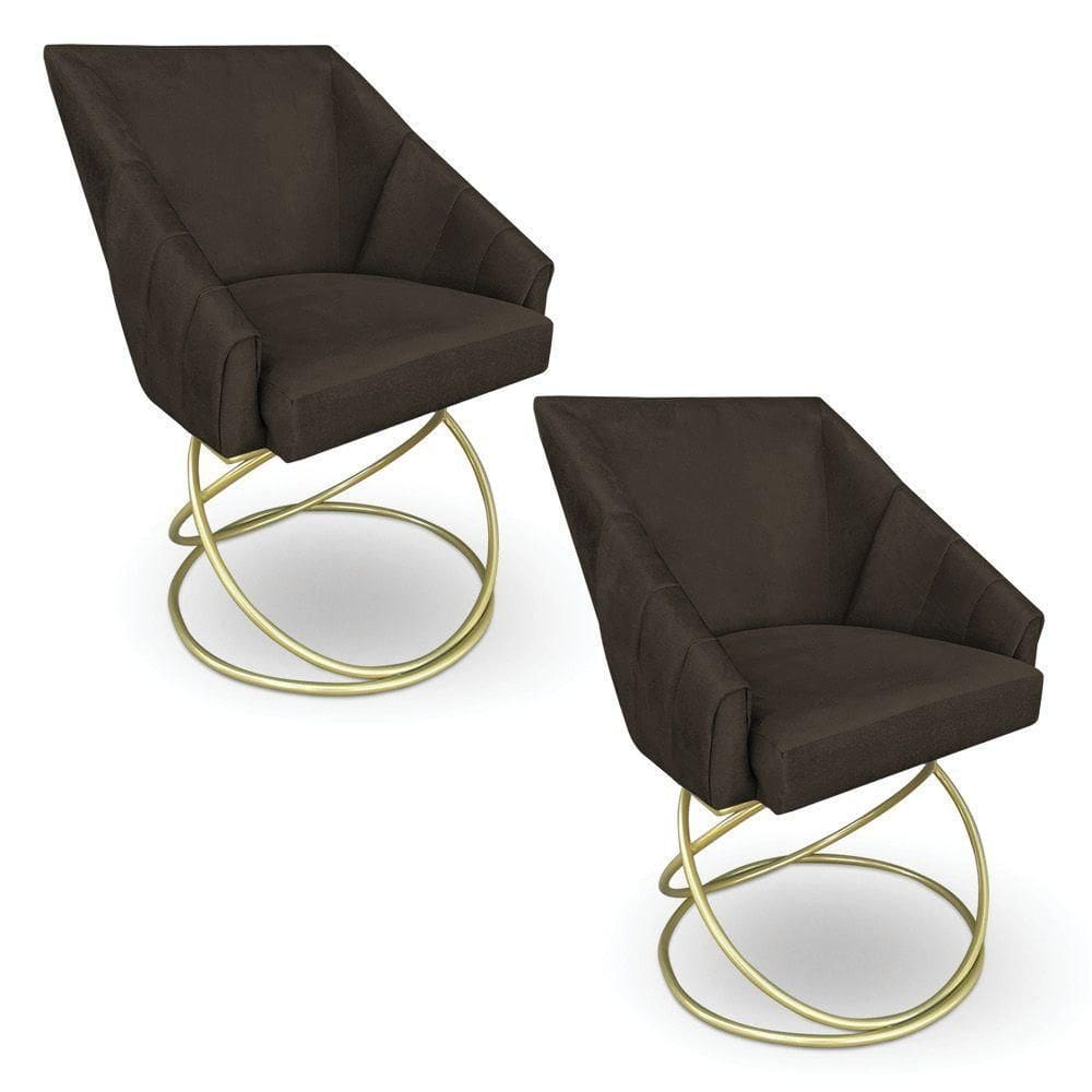 Kit 2 Poltronas Luxo Alana Suede Marrom Base De Ferro Dourado - Pallazio
