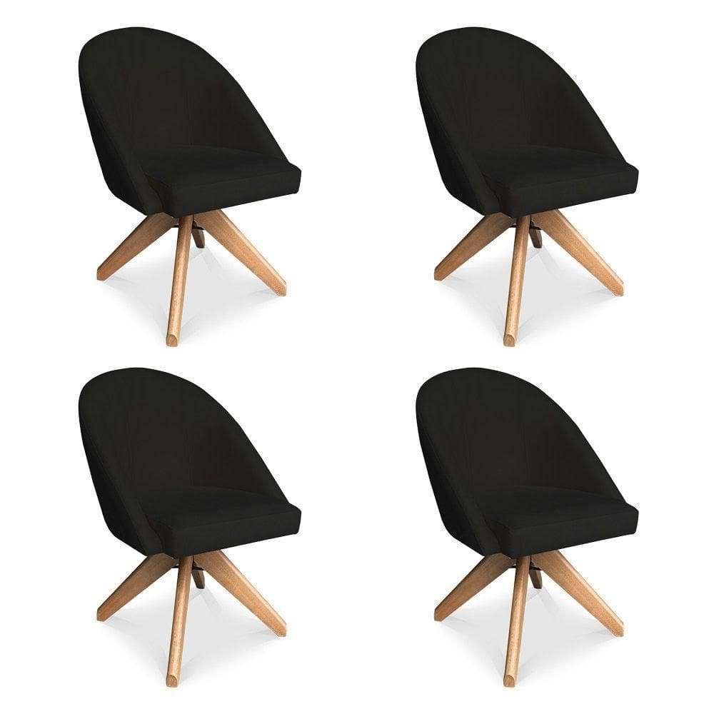Kit 04 Poltronas Cadeira Giratória Bela Veludo Preto Base De Madeira - Pallazio