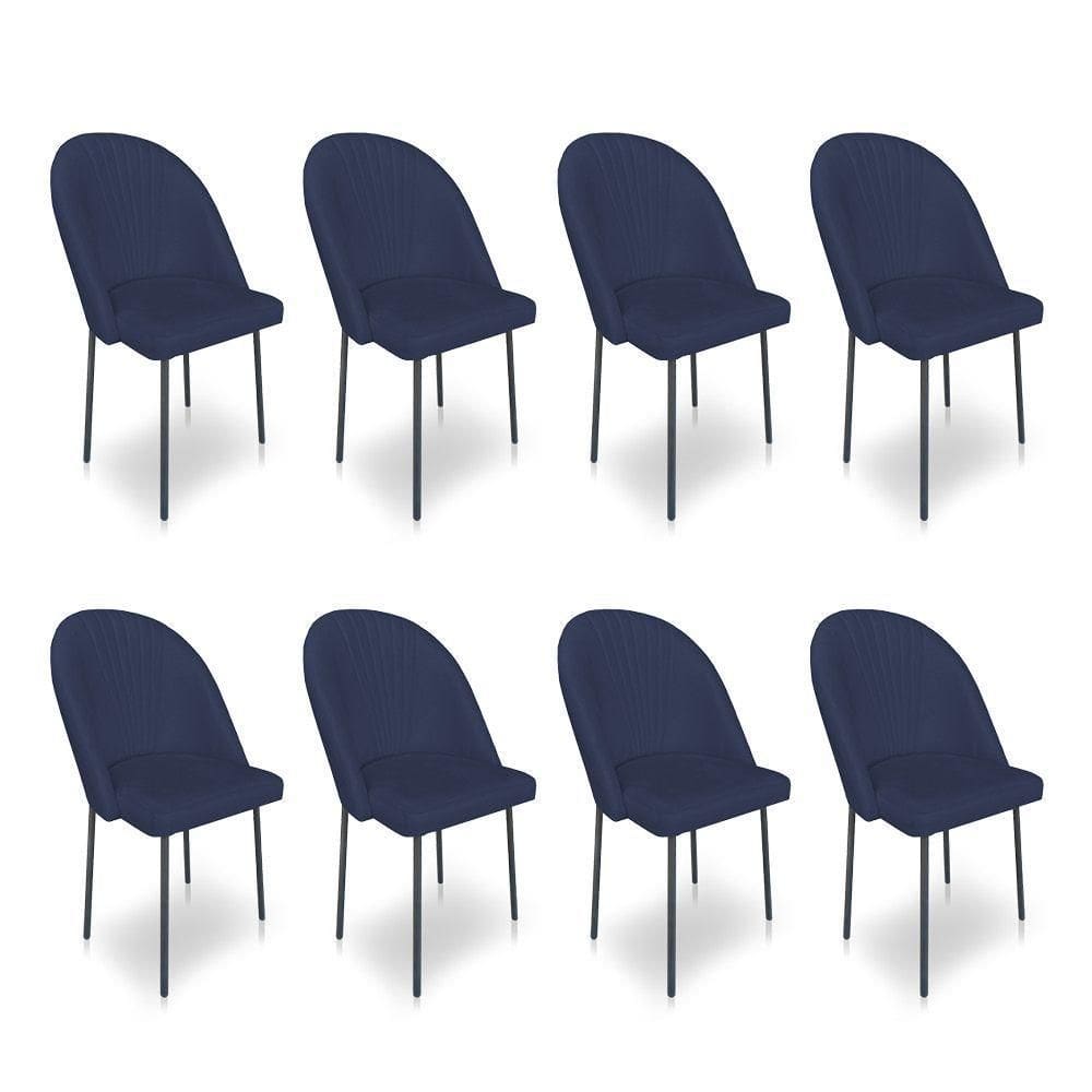 Kit 8 Cadeiras Poltrona De Jantar Ariel Suede Azul Marinho Pés De Ferro Preto - Pallazio