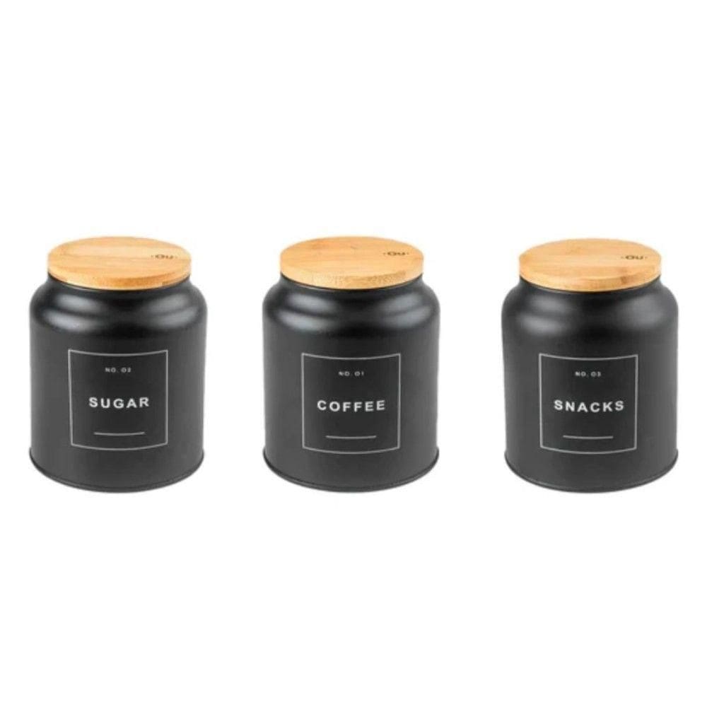 Conjunto De Potes De Metal + Bambu 3 Peças Sense Preto Ou