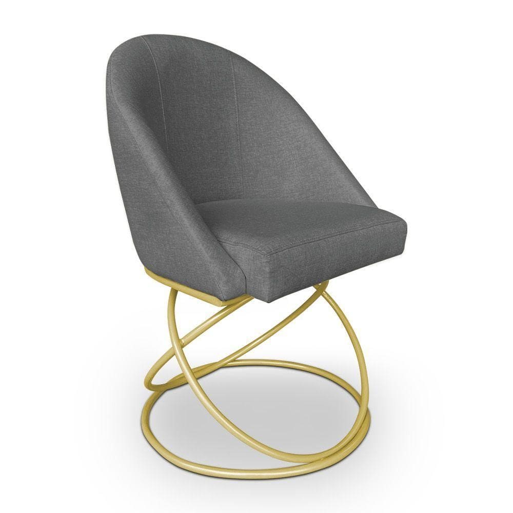 Cadeira Poltrona De Jantar Bela Linho Grafite Base Metálica Luxo Dourado - Pallazio
