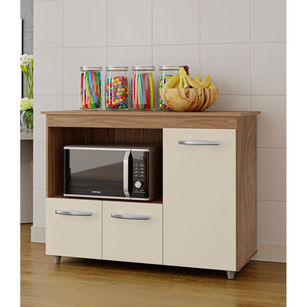 Balcão Multiuso Liza 114m 3 portas com Nicho Para Forno/Microondas - Savana/Off White Móblis