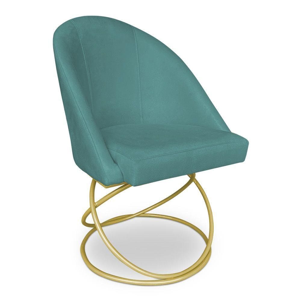 Cadeira Poltrona De Jantar Bela Suede Azul Turquesa Base Metálica Luxo Dourado - Pallazio