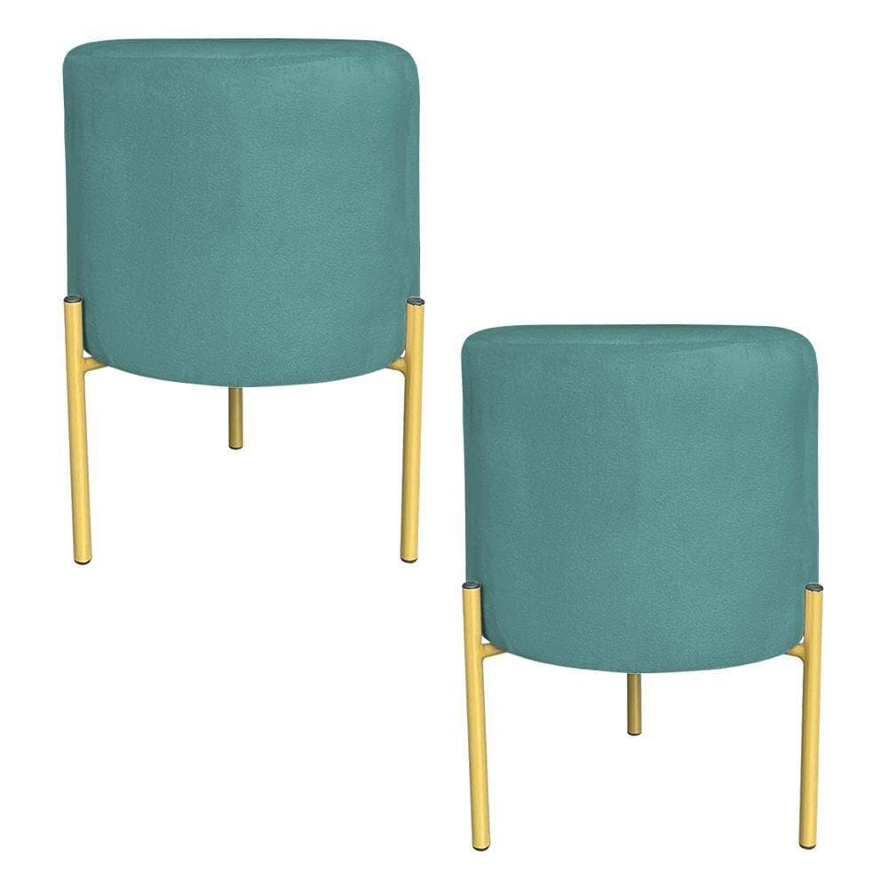 Kit 2 Puffs Decorativo Soren Suede Azul Turquesa Pés De Ferro Dourado - Pallazio