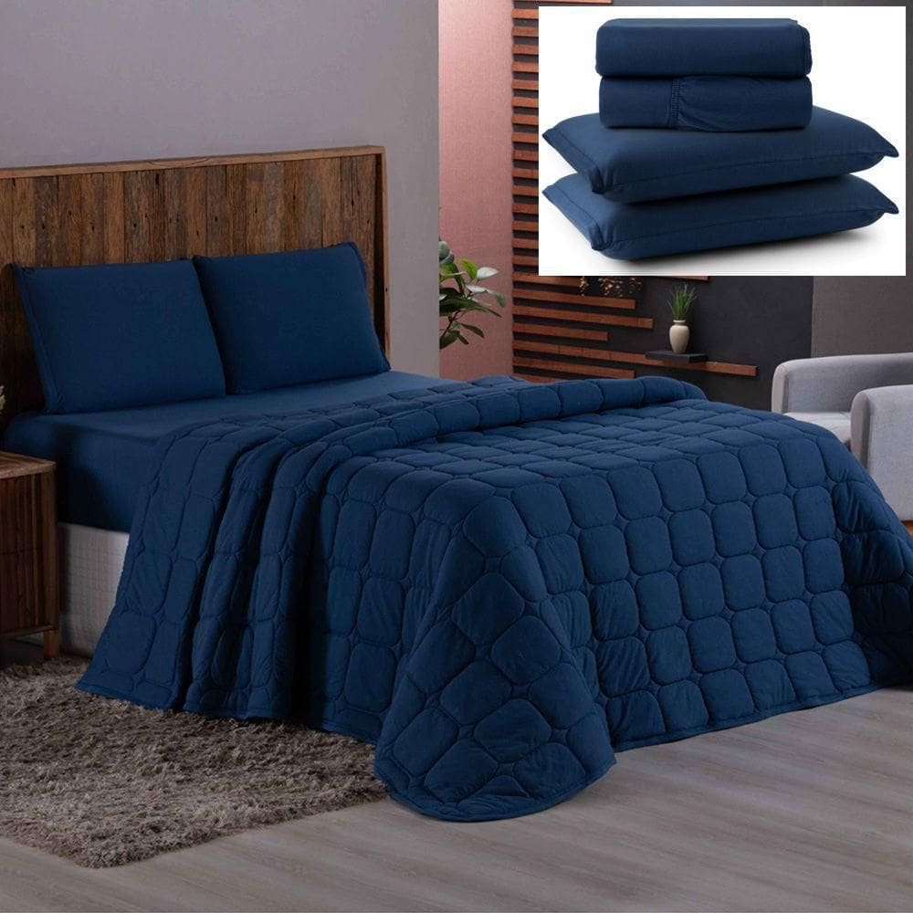 Coordenado Cobre Leito E Lençol Casal Sereno Em Malha 7 Peças - Marinho - 100% Algodão