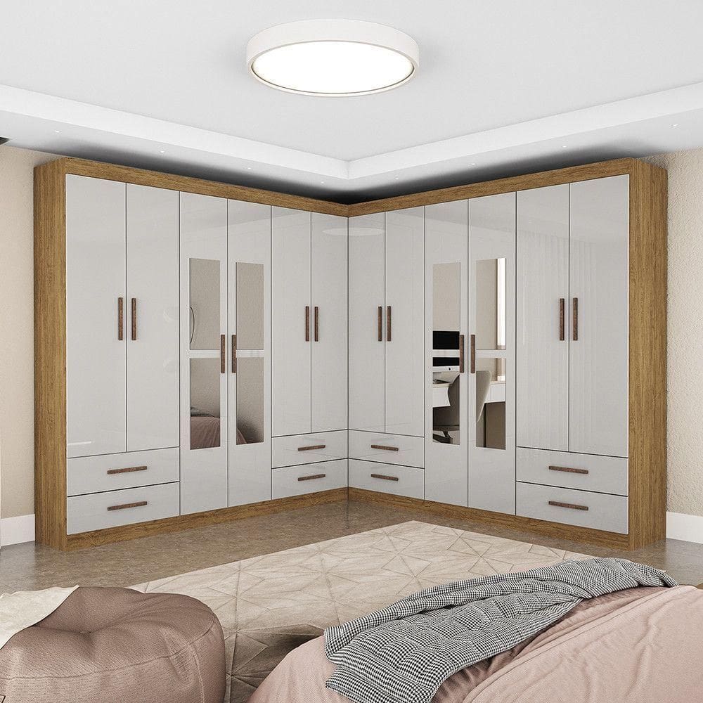 Closet Casal Duplo Lu 12 Portas Com Espelho 8 Gavetas Cinamomo Com Off White