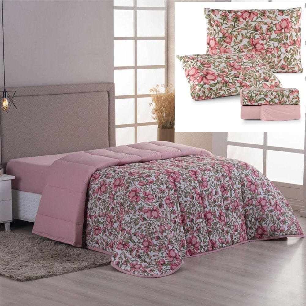 Coordenado Edredom E Lençol King Sonho Bom Em Malha 5 Peças - Rosê - 100% Algodão
