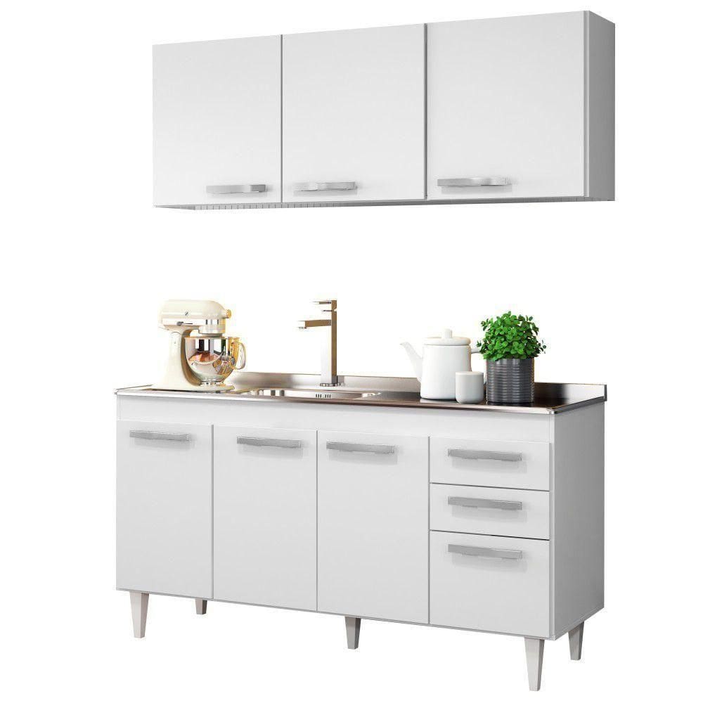 Armário Aéreo Parma E Balcão Gabinete Com Pia Inox 150cm Lisboa - Lumil Móveis Branco-castanho