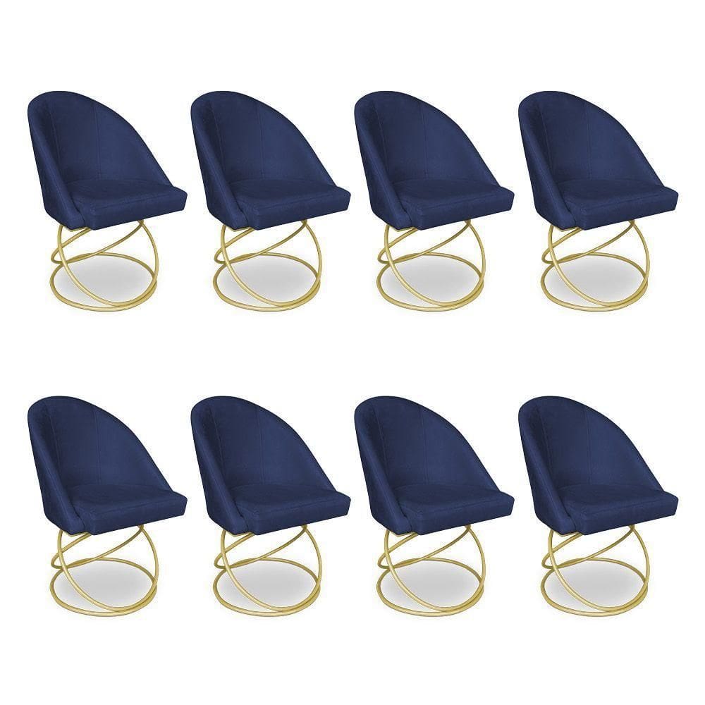 Kit 08 Cadeiras Poltrona De Jantar Bela Veludo Azul Marinho Base Metálica Luxo Dourado - Pallazio