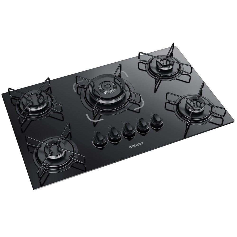 Cooktop 5 Bocas Itatiaia Preto Tripla Chama A Gás Em Aço Inox E Mesa Vidro Temperado Essencial - Bivolt