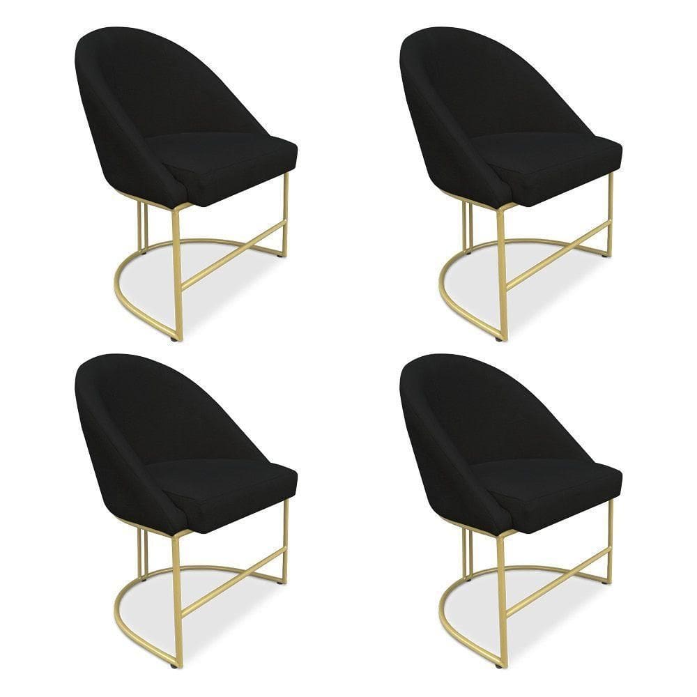 Kit 04 Cadeiras Poltrona De Jantar Bela Veludo Preto Base Metálica Industrial Dourado - Pallazio