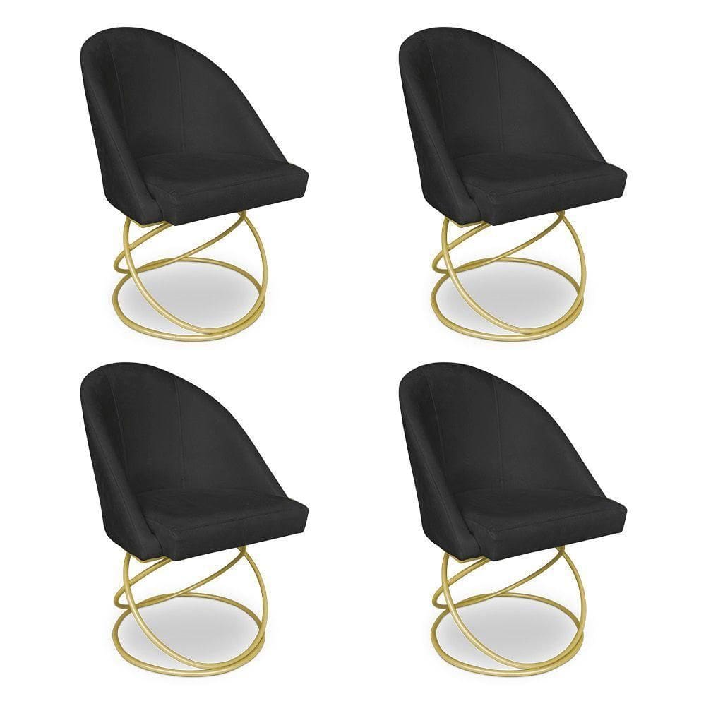 Kit 04 Cadeiras Poltrona De Jantar Bela Veludo Preto Base Metálica Luxo Dourado - Pallazio