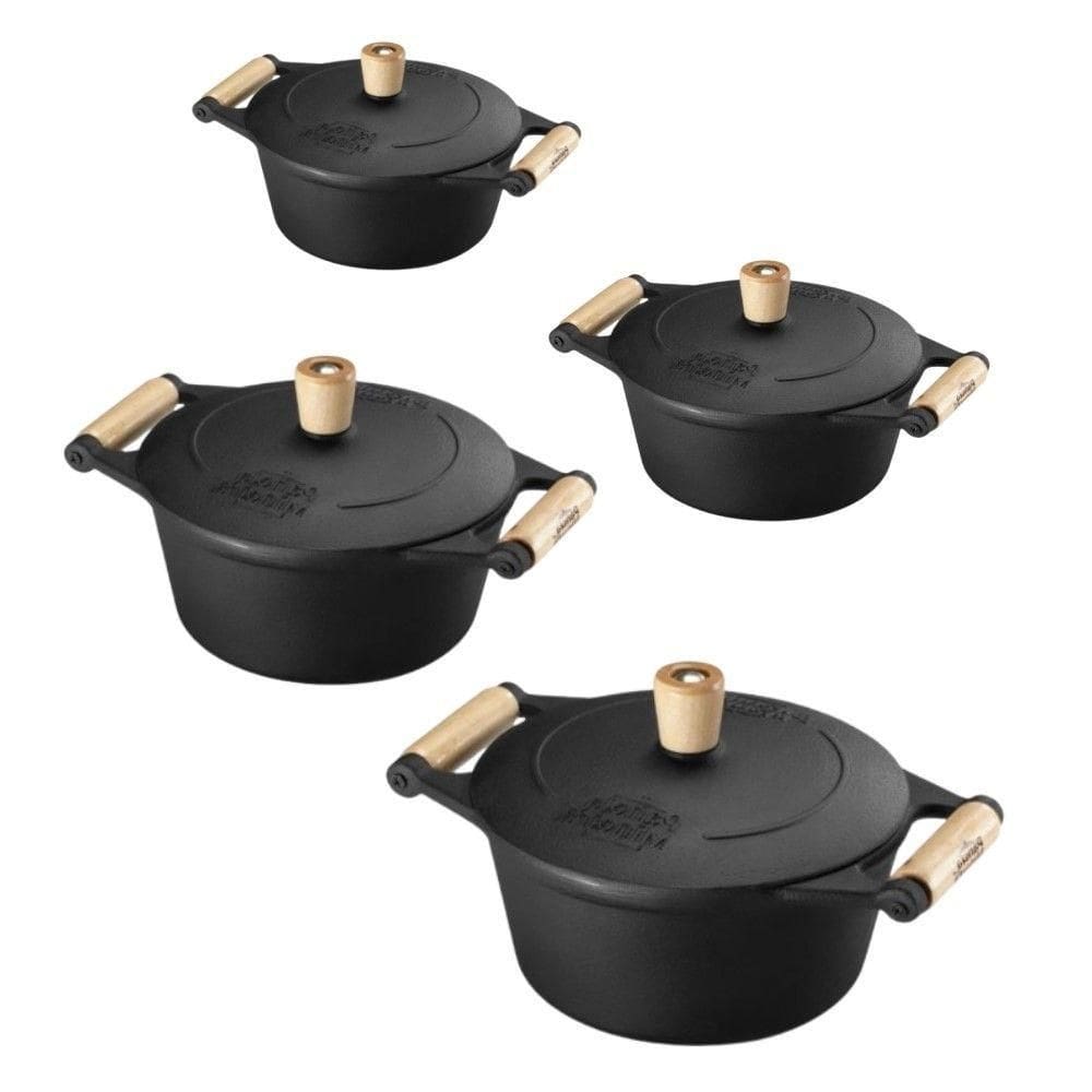 Jogo De Panelas 4 Peças Em Ferro Fundido E Alça De Madeira Panela Mineira
