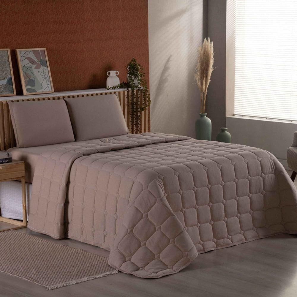 Cobre Leito Colcha Sereno Casal Em Malha - Cáqui - 100% Algodão