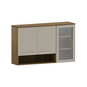 Armário Aéreo 120cm 3 Portas Com Vidro Canelado Com Nicho Is Avelã-mocca Laca