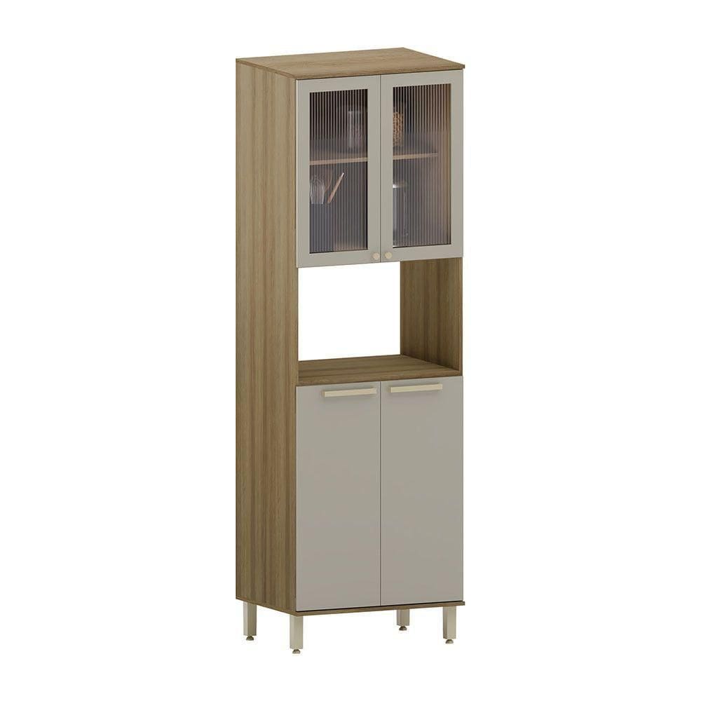 Paneleiro 70 Cm 4 Portas Com Vidro E 2 Nichos Para Microonda Avelã-mocca Laca
