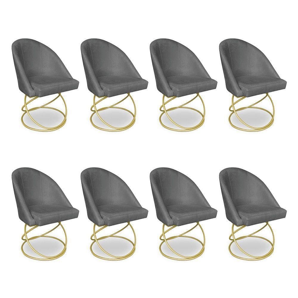 Kit 08 Cadeiras Poltrona De Jantar Bela Veludo Grafite Base Metálica Luxo Dourado - Pallazio