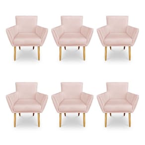 Kit 6 Poltronas Decorativa Leticia Suede Rosa Bebê Pés Palito Castanho - Pallazio