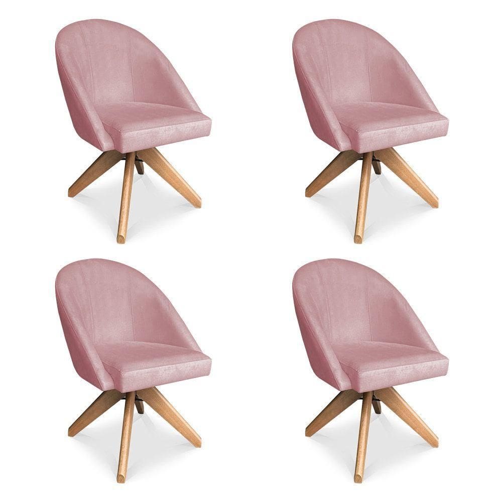 Kit 04 Poltronas Cadeira Giratória Bela Veludo Rosê Base De Madeira - Pallazio