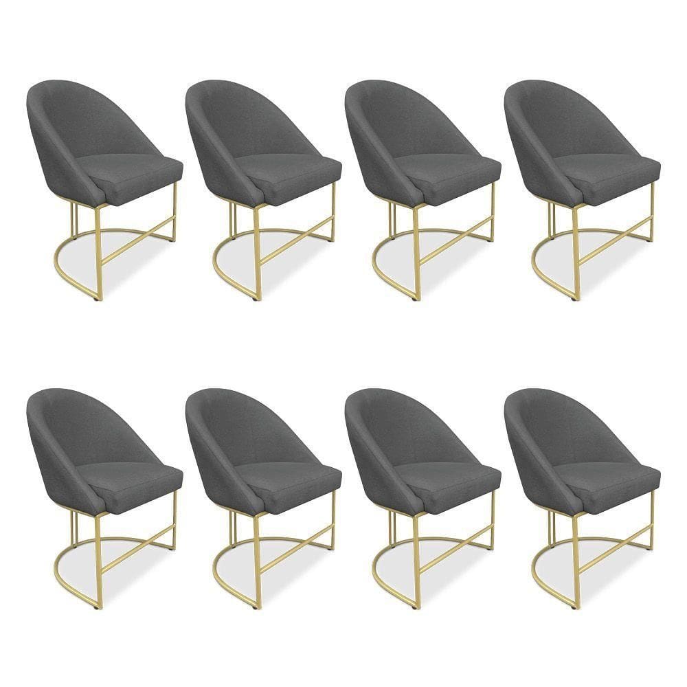 Kit 08 Cadeiras Poltrona De Jantar Bela Veludo Grafite Base Metálica Industrial Dourado - Pallazio